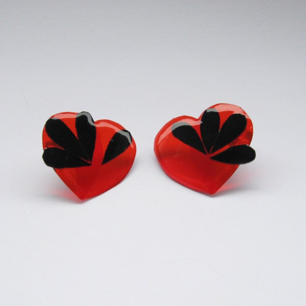 Red Heart Earrings, Valentine Jewelry, Red Stud Earrings with Black Petals, Clear Resin Studs, Sterling Silver Posts