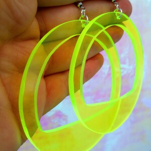 Neon Acrylic Hoop Earrings, Large Fluorescent Earrings, 3 Inch Fluo Green Hoops, Oversized Festival Statement Earrings, Big Party Hoops image 5