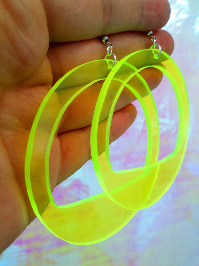 Neon Acrylic Hoop Earrings, Large Fluorescent Earrings, 3 Inch Fluo Green Hoops, Oversized Festival Statement Earrings, Big Party Hoops image 5