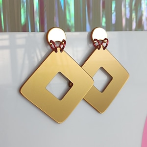 Gold Geometric Earrings, Acrylic Statement Earrings, Golden Rhombus Earrings, Big Geometrical Earrings, Huge Bold Fashion Earrings
