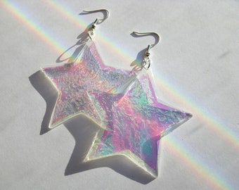 Holographic Star Earrings, Laser Cut Acrylic Pastel Rainbow Dangle Earrings, Iridescent 90s Grunge Earrings, Alien Unicorn Star Jewelry