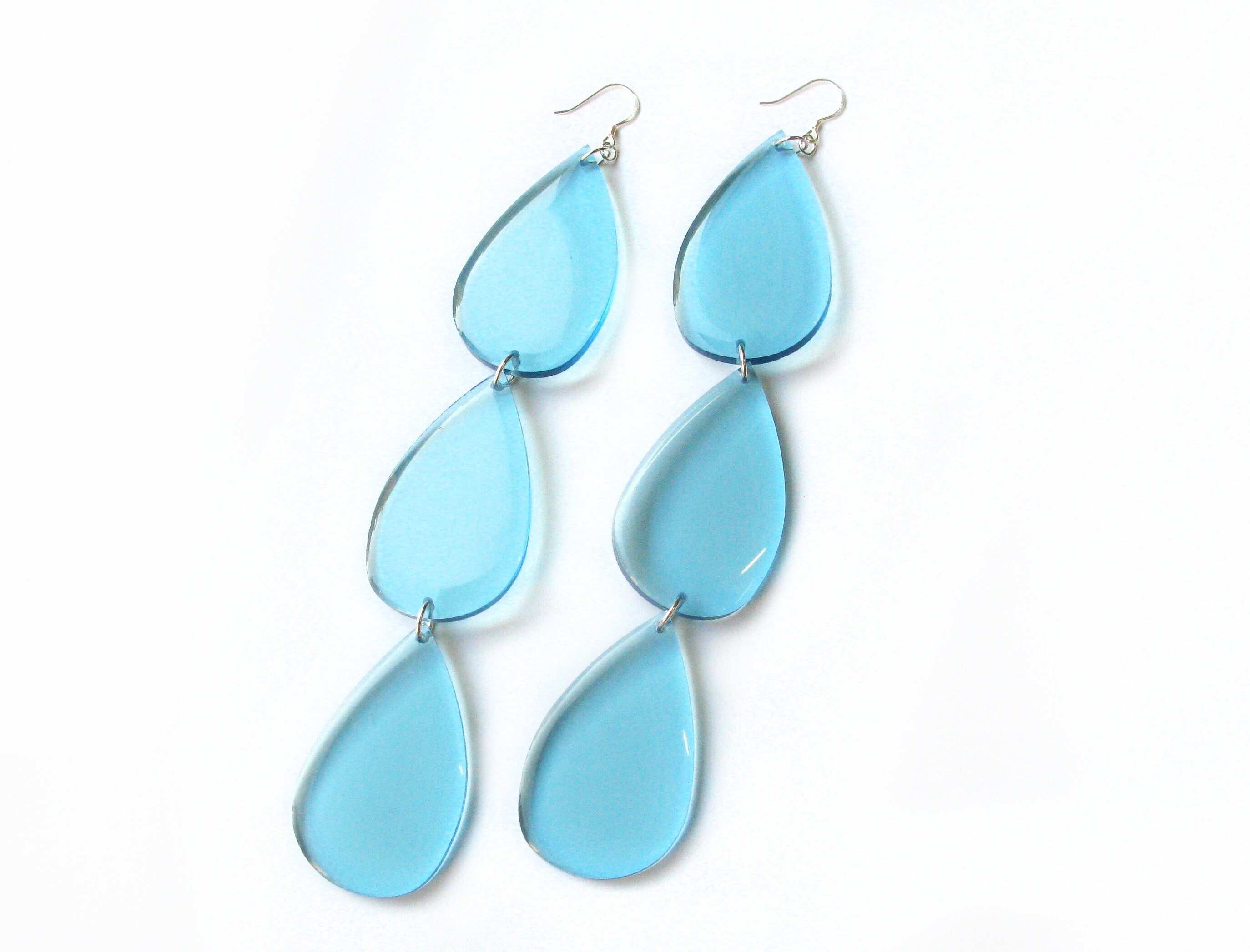 Triple Drop Earrings Large Acrylic Raindrop Earrings Aqua Etsy