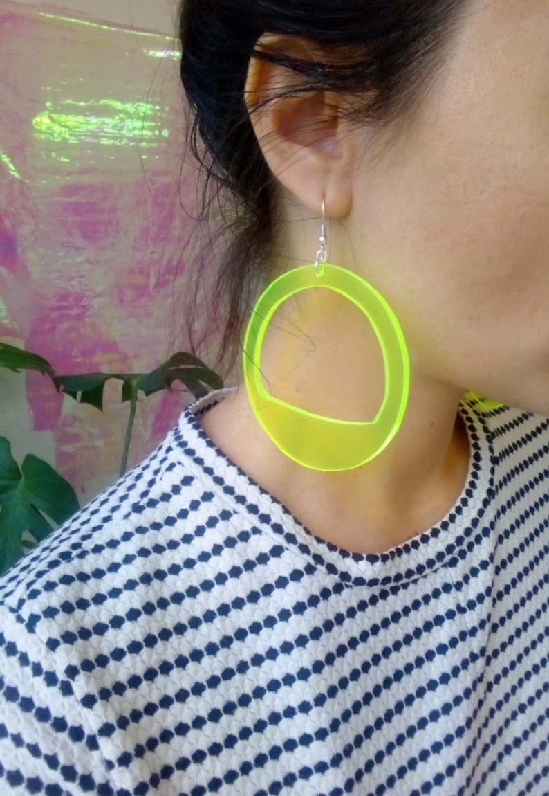 Neon Acrylic Hoop Earrings, Large Fluorescent Earrings, 3 Inch Fluo Green Hoops, Oversized Festival Statement Earrings, Big Party Hoops image 6