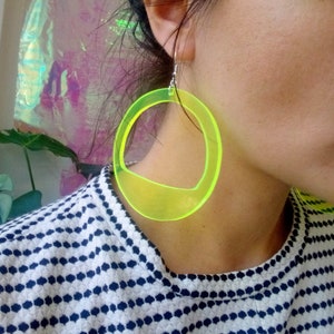 Neon Acrylic Hoop Earrings, Large Fluorescent Earrings, 3 Inch Fluo Green Hoops, Oversized Festival Statement Earrings, Big Party Hoops image 3