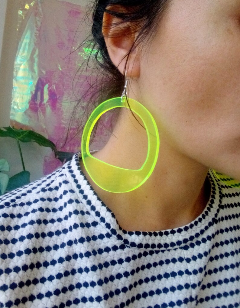 Neon Acrylic Hoop Earrings, Large Fluorescent Earrings, 3 Inch Fluo Green Hoops, Oversized Festival Statement Earrings, Big Party Hoops image 3