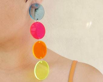 Long Colorful Earrings, Neon Acrylic Earrings, Fluorescent Disc Dangle Earrings, Clear Rainbow Earrings, Festival Multicolor Dangles