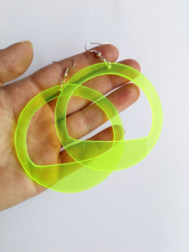 Neon Acrylic Hoop Earrings, Large Fluorescent Earrings, 3 Inch Fluo Green Hoops, Oversized Festival Statement Earrings, Big Party Hoops image 2