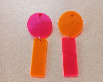 Neon Mismatched Earrings, Fluo Geometric Earrings, Fuschia Orange Earrings, Fluorescent Rectangular Earrings, Hot Pink Statement Earrings