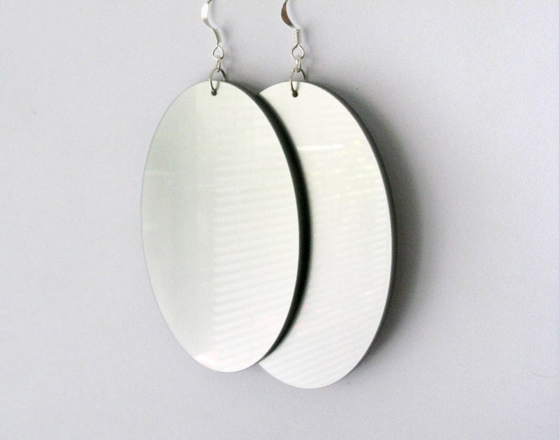 Large Oval Silver Matte Acrylic Earrings, Laser Cut Earrings, Big Party Statement Earrings, 80s Jewelry, Metallic Disc Earrings, 80's Style image 6