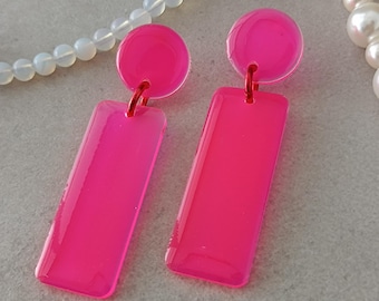 Neon Pink Acrylic Statement Earrings: Geometric Resin Dangles