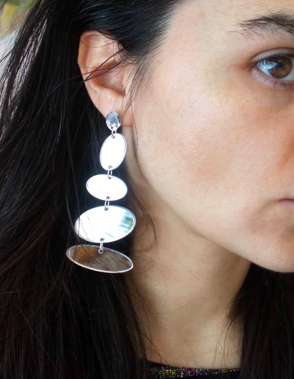 Mirror Oval Statement Earrings Long Mirrored Acrylic Earring Etsy