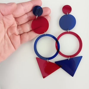 Red & Blue Acrylic Statement Earrings: Geometric Laser Cut Jewelry