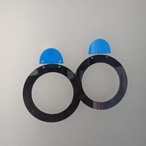 Large Black Acrylic Hoops, XL Blue Hoop Earrings, Oversized Geometric Earrings, Big Disco Hoops, Extra Large Post Dangle Circle Earrings