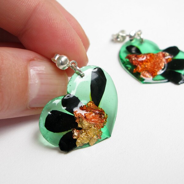 Clear Green Heart Dangles, Resin Dangle Earrings, Black Petals, Bronze Foil, Sterling Silver Posts