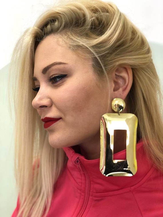Gold Statement Earrings Big Brass Earrings Large Bold Earrings Huge Vintage Style Earrings 80s Inspired Retro Post Dangle Earrings Etsy
