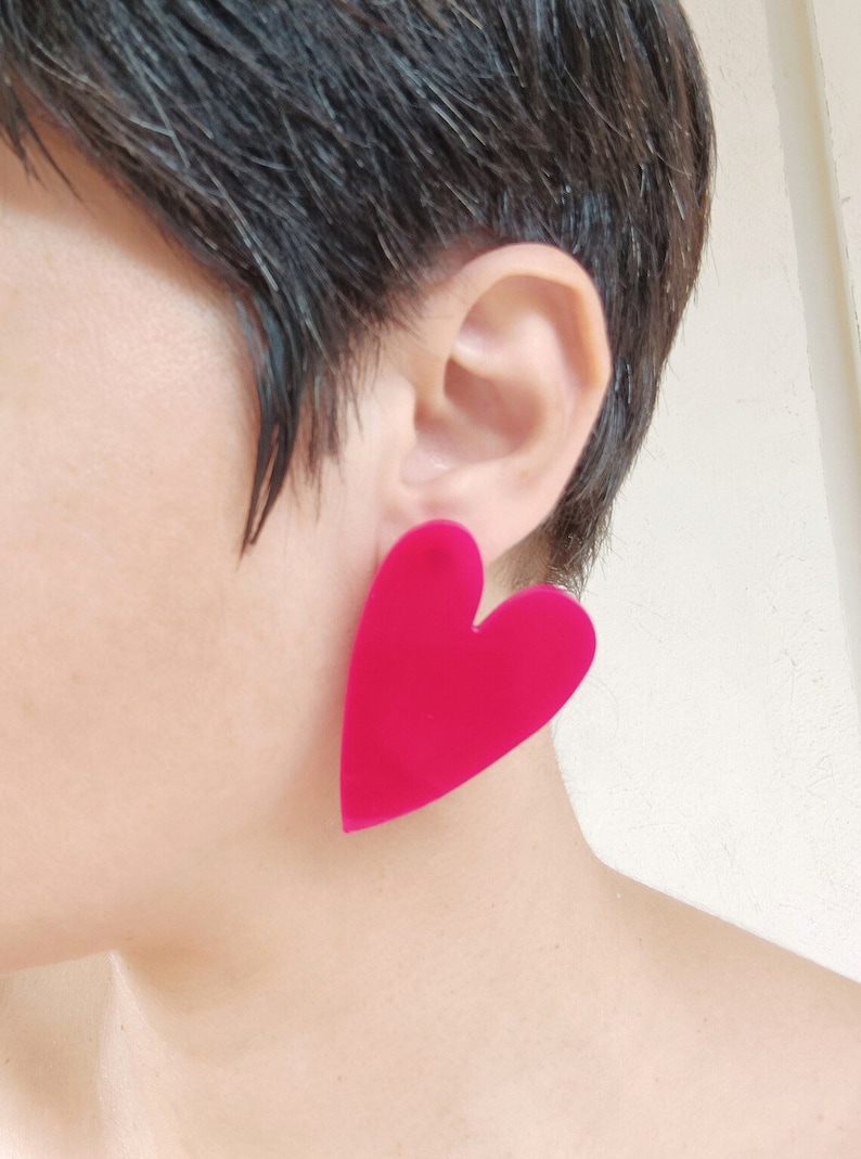 Acrylic Heart Stud Earrings, Large Laser Cut Post Earrings, Silver Grey Love Earrings, 80's Inspired Disco Earrings, Plexiglass Jewellery image 9