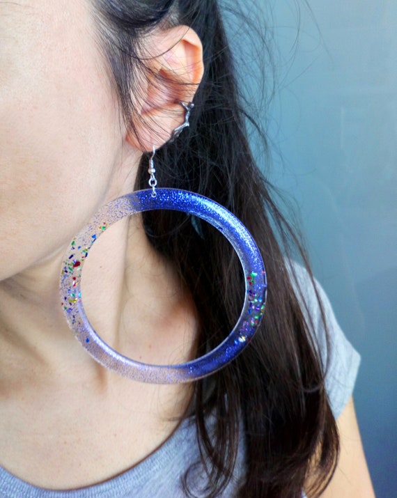 Huge Acrylic Hoop Earrings Extra Large Rainbow Glitter Hoops Oversized Sparkly 4 Inch Laser Cut Hoops Big Blue Festival Earrings Etsy
