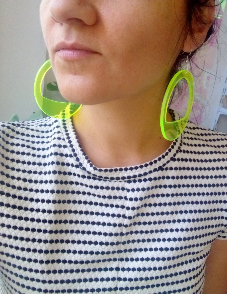 Neon Acrylic Hoop Earrings, Large Fluorescent Earrings, 3 Inch Fluo Green Hoops, Oversized Festival Statement Earrings, Big Party Hoops image 7