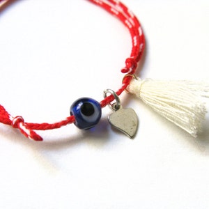 Evil Eye Tassel Bracelet, March Bracelet, Sterling Silver Heart Charm Cuff, Red White Martis Bracelet, Greek Folk Lucky Charm Bracelet