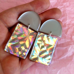 Holographic Statement Earrings, Iridescent Geometric Earrings, Big Holo Acrylic Earrings, Prism Resin Earring, Large Rainbow Earrings