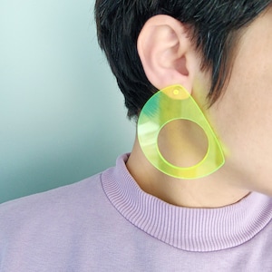 Neon Geometric Earrings, Fluorescent Green Semicircle Earrings, Big 80s Post Earrings, Clear Fluo Green Hoops, Festival Statement Earrings