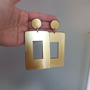 Large Acrylic Earrings, Gold Statement Earrings, Golden Rectangular Earrings, Big Geometrical Earrings, Huge Bold Fashion Earrings