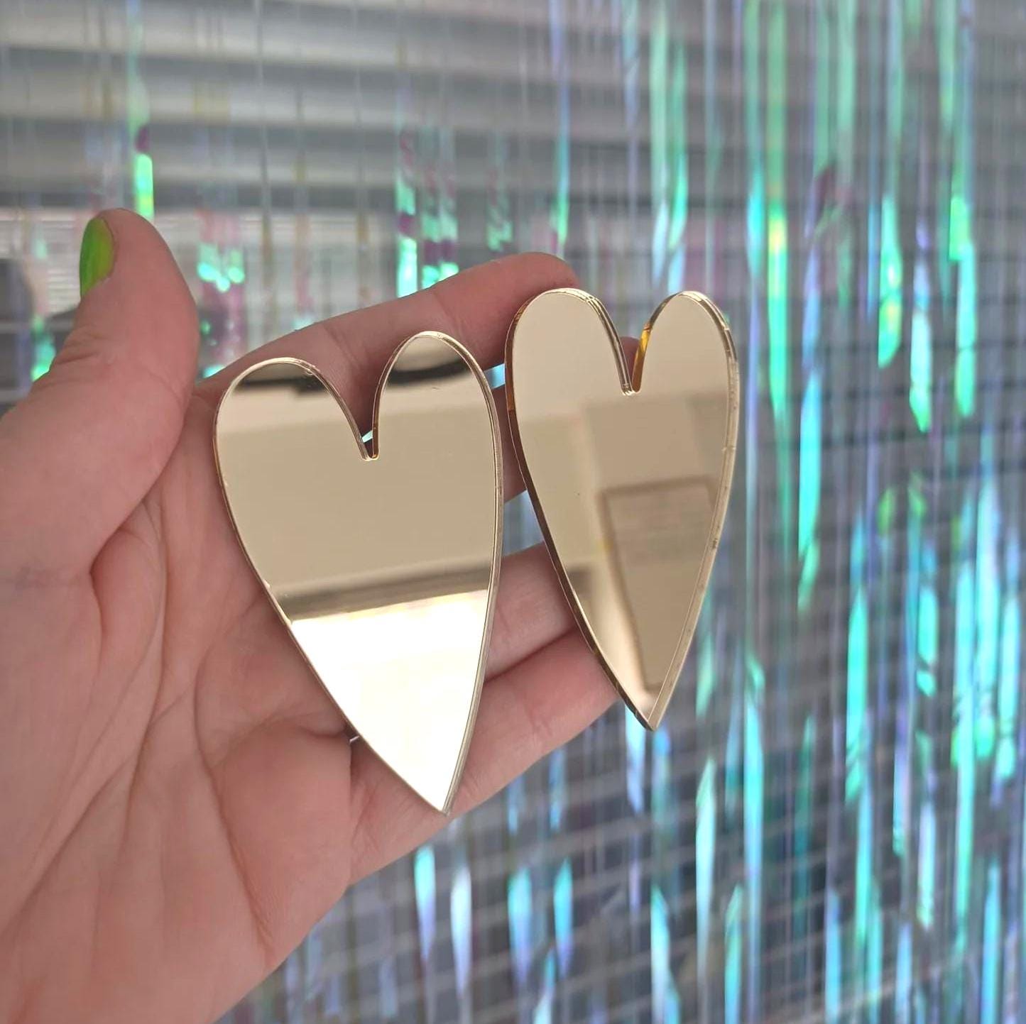 Mirrored Heart Earrings, Gold Mirror Acrylic Earrings, Laser Cut Hearts, 80's Inspired Disco Earrings, Plexiglass Jewellery, Long Hearts