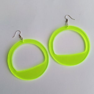 Neon Acrylic Hoop Earrings, Large Fluorescent Earrings, 3 Inch Fluo Green Hoops, Oversized Festival Statement Earrings, Big Party Hoops image 9