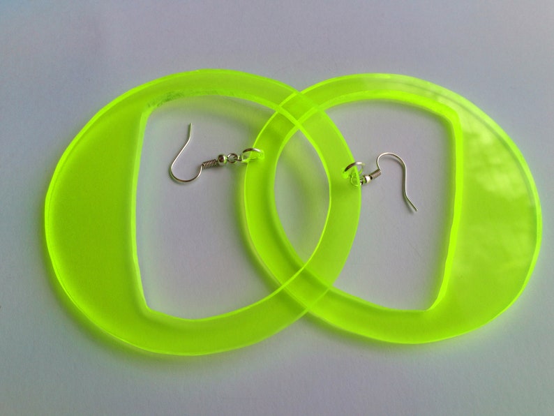 Neon Acrylic Hoop Earrings, Large Fluorescent Earrings, 3 Inch Fluo Green Hoops, Oversized Festival Statement Earrings, Big Party Hoops image 10