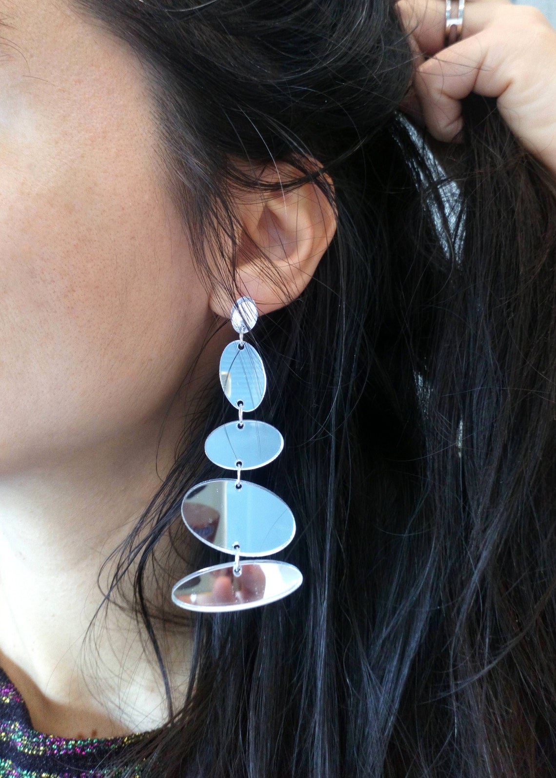 Mirror Oval Statement Earrings Long Mirrored Acrylic Earring Etsy