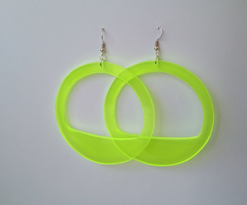 Neon Acrylic Hoop Earrings, Large Fluorescent Earrings, 3 Inch Fluo Green Hoops, Oversized Festival Statement Earrings, Big Party Hoops image 4