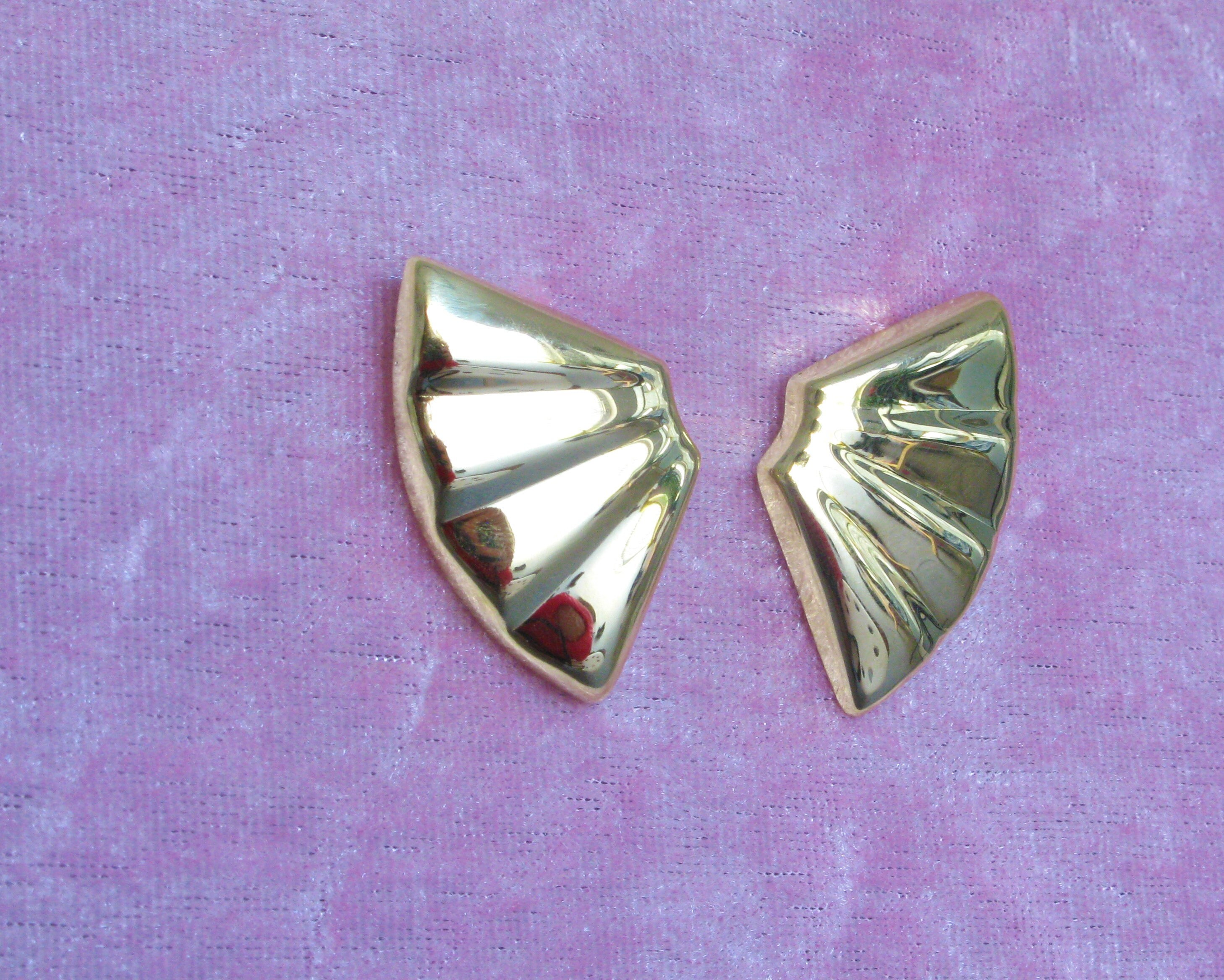 Boucles D'oreilles Clous Vintage – Or Faux, Motif éventail Avec Faux Diamants – Occasion