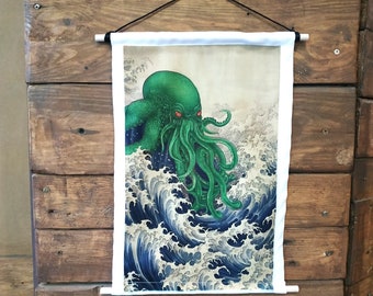 Cthulhu Tapestry, Ancient Japanese,  Mythos Artwork, Lovecraftian Decor, Wall Hanging, Unique Home Decoration, Occult Artwork