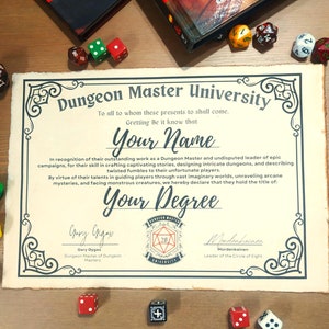 Diploma de Mestre de Masmorras Personalizado, Certificado de Mestre de Masmorras, Presente de Mestre de Jogo, Grau de RPG, Presente de D&D, Presente de Mestre de Jogo, Certificado de RPG