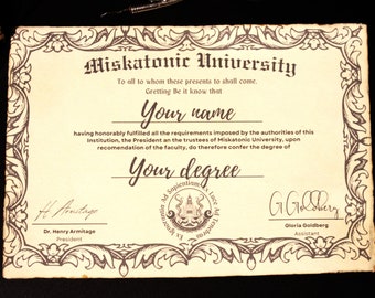 Personalized Miskatonic University Diploma, Cthulhu Certificate, Arkham Diploma Print, H.P Lovecraft Fan Art, Call of Cthulhu larp,