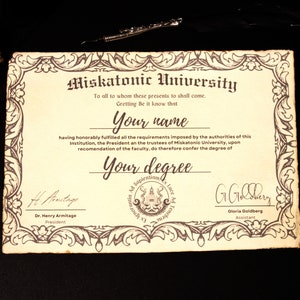 Personalized Miskatonic University Diploma, Cthulhu Certificate, Arkham Diploma Print, H.P Lovecraft Fan Art, Call of Cthulhu larp,