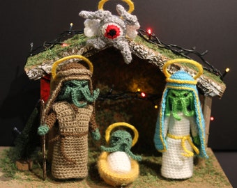 Nativity scene set Cthulhu for christmas manger amigurumi crochet A Child is Born Holy Land for Christmas decoration