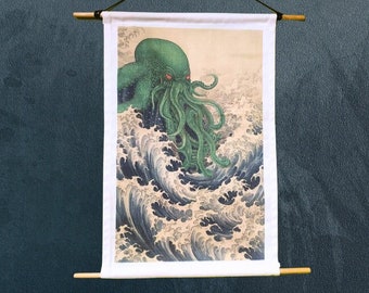 Cthulhu Tapestry, Ancient Japanese,  Mythos Artwork, Lovecraftian Decor, Wall Hanging, Unique Home Decoration, Occult Artwork