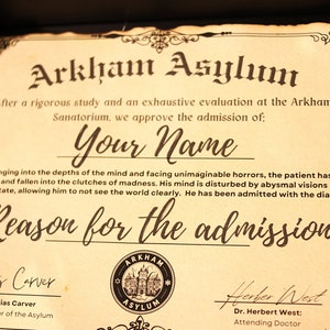 Personalisiertes Arkham Sanatorium Diplom: Zertifikat des Wahnsinns, Zertifikat von Cthulhu, Arkham Druck, Fan Art Lovecraft, arkham