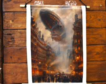 Steampunk decorative tapestry, zeppelin, Wall decoration, Victorian style, Decor, Wall Hanging, Unique Home Decoration, Occult Artwork