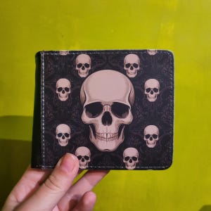 Cartera de calaveras, estampado de calaveras, cartera de terror, regalo de terror, cartera de cuero negro, cartera de la muerte