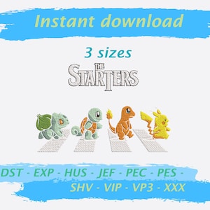Może przedstawiać: Wzór do haftu przedstawiający trzy startowe Pokemony z pierwszej generacji Pokemonów: Bulbasaur, Charmander i Squirtle. Pokemony idą po pasach, nad nimi widnieje napis "The Starters". Wzór dostępny jest w trzech rozmiarach i w różnych formatach plików do haftu, w tym DST, EXP, HUS, JEF, PEC, PES, SHV, VIP, VP3 i XXX.