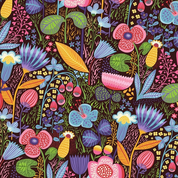 Helen's Meadow Fabric; Y2225-46; Dark Eggplant Toss; You Choose Size; Floral Fabric; Flower Fabric; Helen Dardik