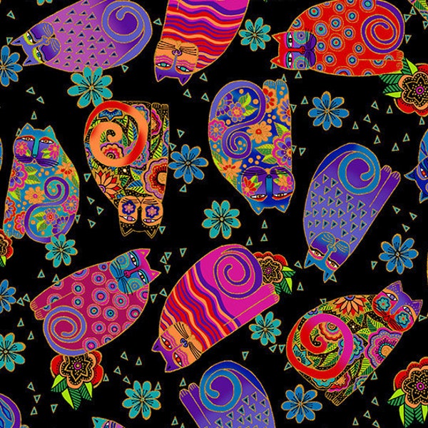 Feline Frolic Tossed Cats; Cotton Fabric; Last piece - 32"; Laurel Burch for Clothworks; Y2799-3M; Metallic Fabric; Cat Fabric