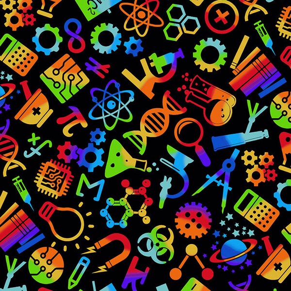 Tossed Rainbow Science Cotton Fabric; Last piece 29"; C7435; Timeless Treasures; Novelty Fabric; Microscope, Flask, Gears, Magnet, DNA, Math