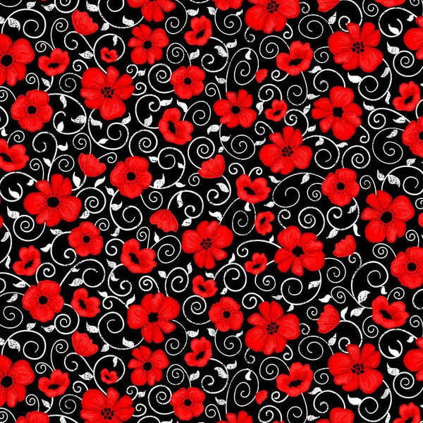 Poppy Twirls; Cotton Fabric; C7742; Timeless Treasures; You Make My Heart Happy; Floral, flowers, red white black; 1.33 YARDS