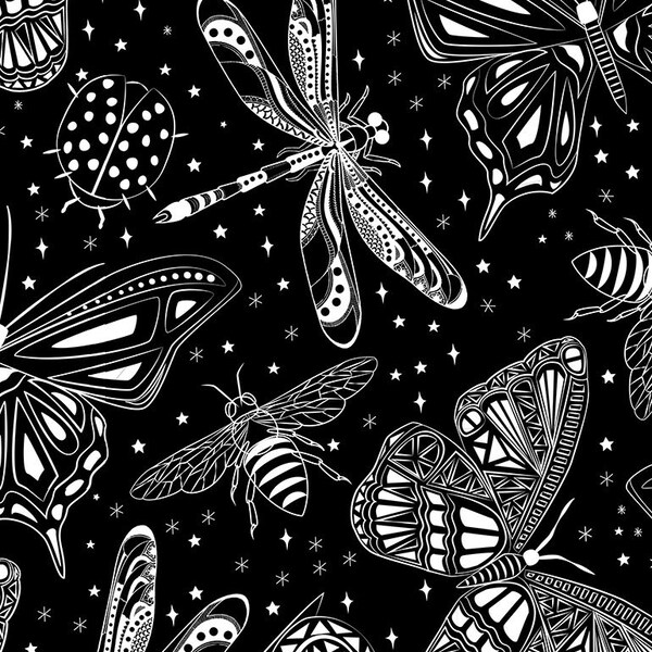 Glow in the Dark Insects in Space; Cotton Fabric; CG7791; Last piece 1.5 yards; Timeless Treasures; Bugs, Moth, Butterfly, Ladybug