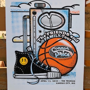 May include: A concert poster for Connor Price with Graham. The poster features a basketball, a pair of trainers with a smiley face, and a retro-style radio. The text on the poster reads "The Friends and Family Tour" and "April 13, 2025 - The Truman, Kansas City, MO".
