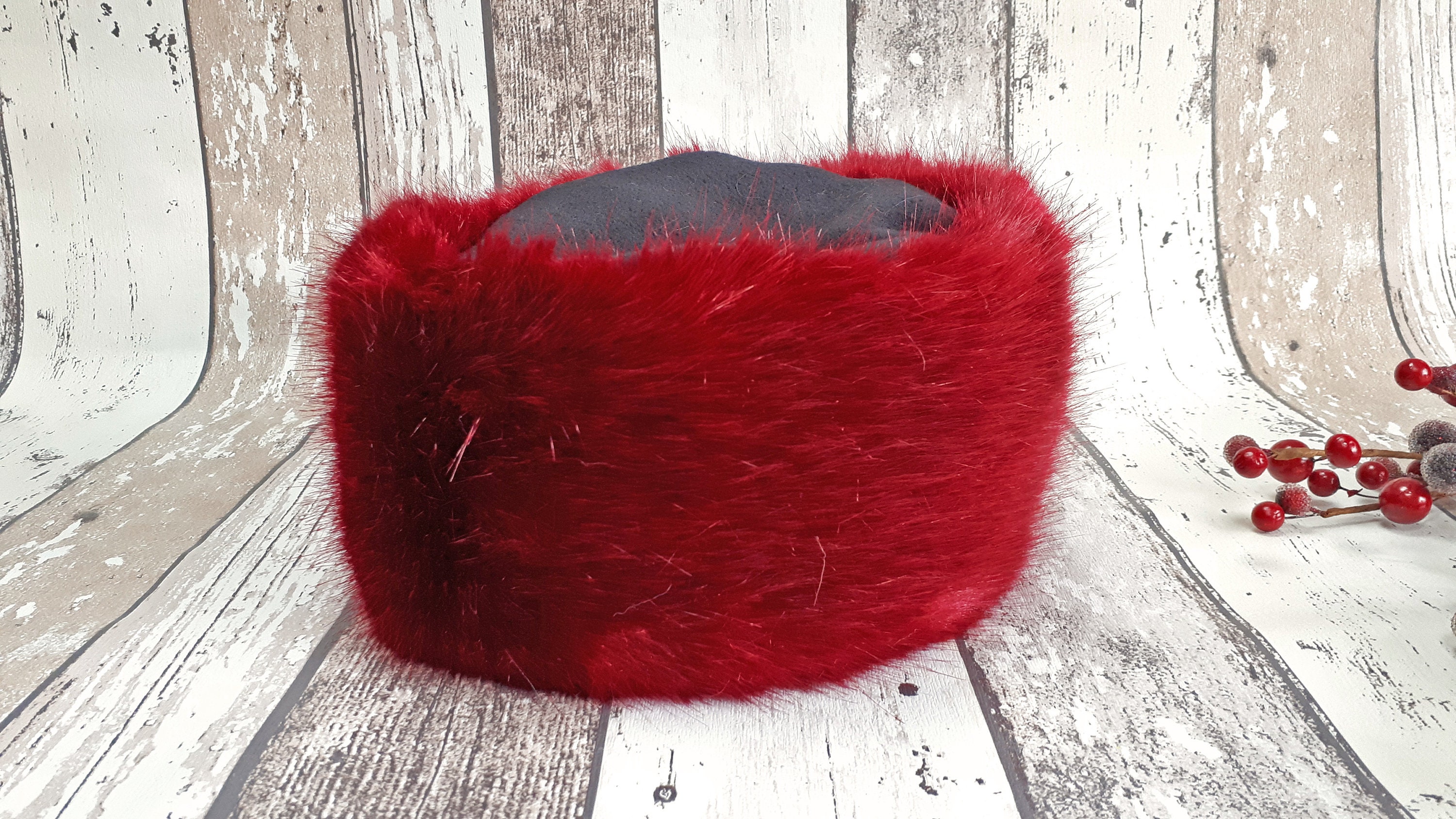 Red Faux Fur Cossack Hat Handmade Girl 