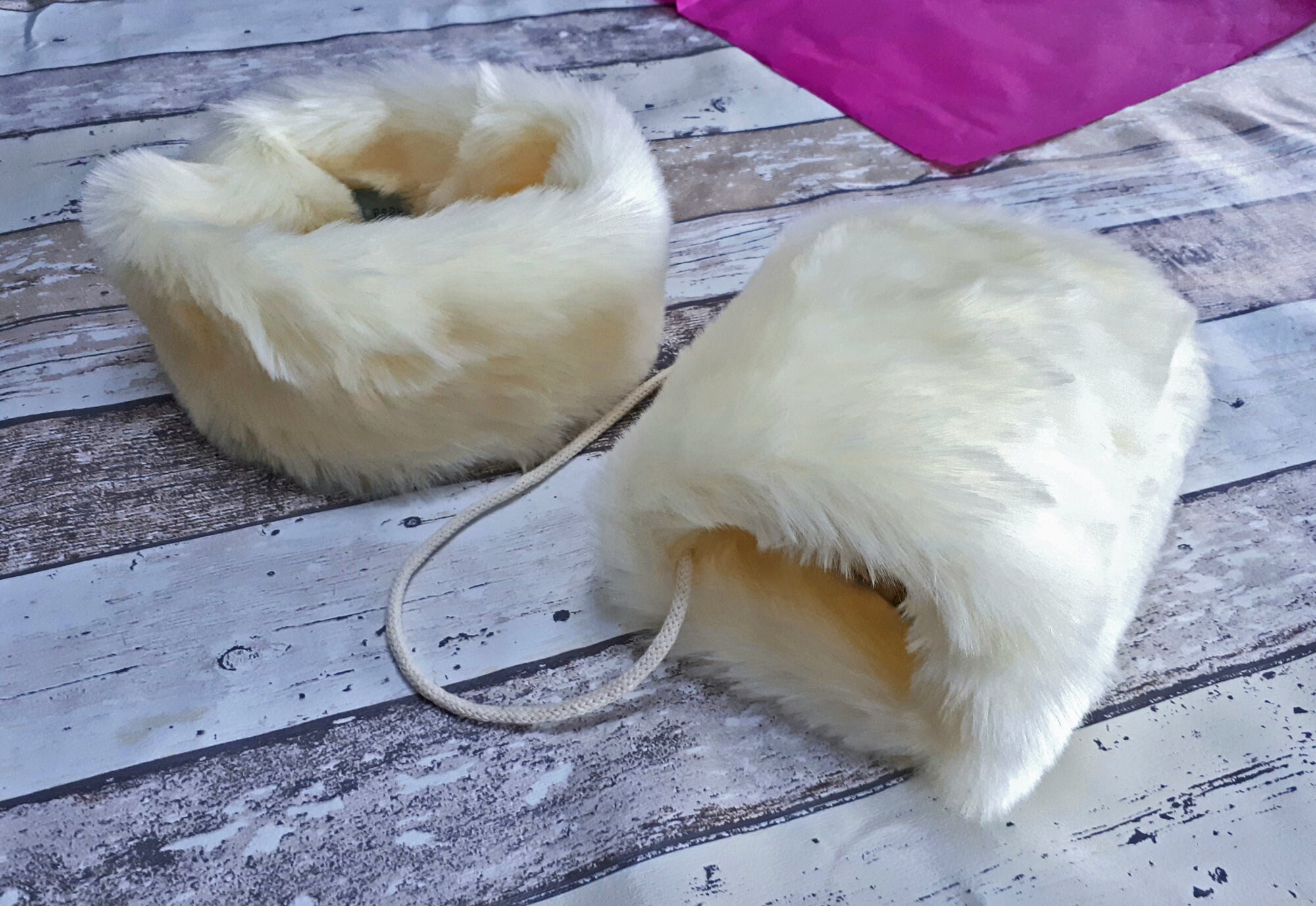 Cream Faux Fur Hand Muff & Headband Set: Handmade Winter  display picture 1